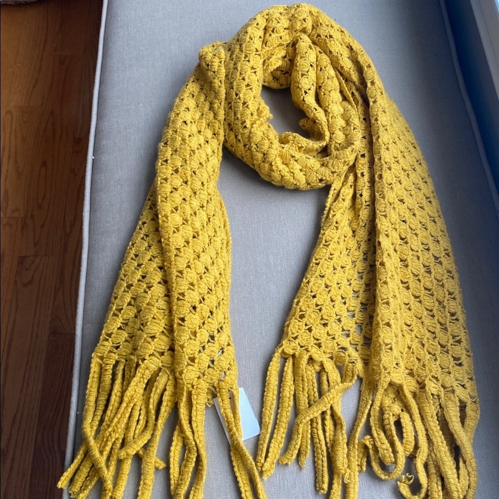 Yellow Crochet Fringed Scarf NWT